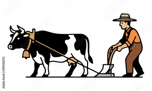 Farmer Plowing Field with Cow Illustration Isolated on White
