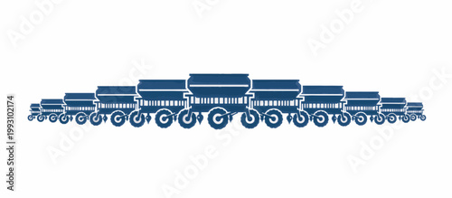 Line of agricultural wagons and trailers. Farming transport equipment panorama. Blue silhouette vector illustration