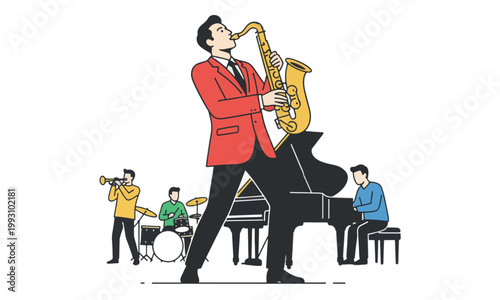 Jazz band performing with saxophone piano trumpet and drums