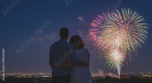 Couple watches colorful fireworks display at night over city skyline, celebrating special occasion
