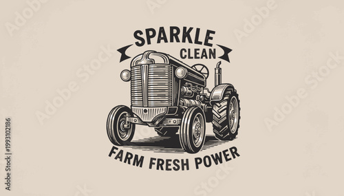 Vintage tractor typography poster vector illustration. Retro farm equipment line art with text. Hand-drawn agricultural machinery design
