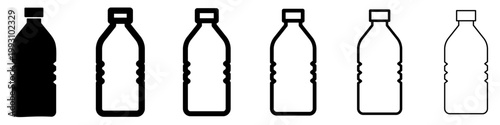 Set of plastic bottle icons. Graphic elements with different line weights and silhouette. Vector illustration.