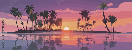 Tropical Island Sunset with Palm Trees and Water Reflection