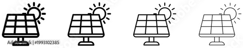Set of solar panel icons. Graphic elements with different line weights, symbol of clean sun energy. Vector illustration.