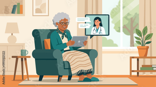 This flat design illustration depicts an elderly patient receiving a telehealth consultation from the comfort of her home, showcasing accessibility and compassionate care.