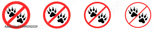  Set of dog prohibition signs. Graphic elements with different line weights featuring paw prints. Vector illustration.