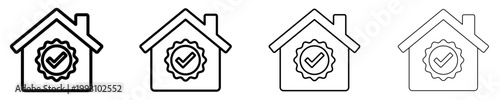 Set of house icons with a quality seal. Graphic elements with different line weights, symbol of verified or certified housing. Vector illustration.