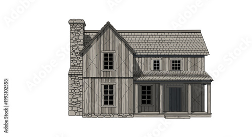 Rustic Two Story Farmhouse Exterior with Stone Chimney