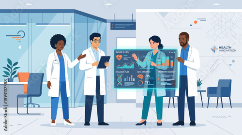 A flat design illustration showing a diverse team of doctors collaborating digitally, reviewing patient data and developing wellness plans. 