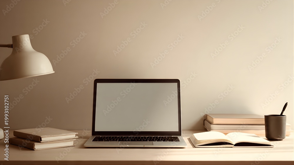 Fototapeta premium Minimalist Desk Setup with Laptop and Books.