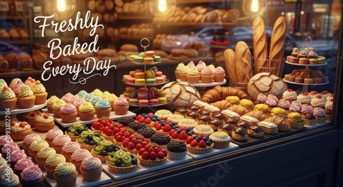 A vibrant bakery display case filled with an array of freshly baked goods, including cupcakes, pastries, and breads, all arranged in a visually appealing manner.