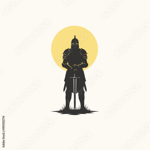 Medieval Knight Silhouette Holding Sword Against Yellow Sun