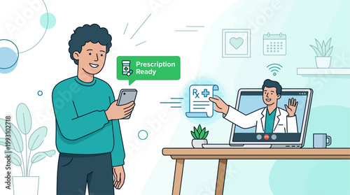 This flat design illustration depicts a patient receiving an online prescription, highlighting the convenience and efficiency of digital healthcare services.