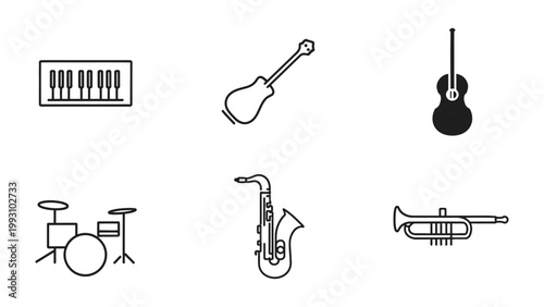 Musical instrument collection: Collection of musical instrument icons including a piano, guitar, drum, saxophone, and trumpet, ready to enhance any design or project. 