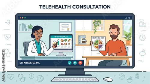 UntiA flat design illustration of a doctor and patient discussing a personalized nutrition plan via an online video call, promoting healthy eating for overall wellness. 