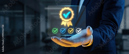 Digital certification presentation office setting technology showcase professional environment close-up view trust and reliability concept