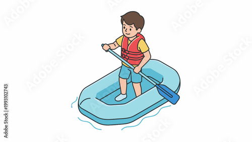 Boy paddling inflatable boat with oar on white background