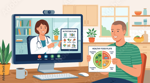 UntiA flat design illustration of a doctor and patient discussing a personalized nutrition plan via an online video call, promoting healthy eating for overall wellness. 