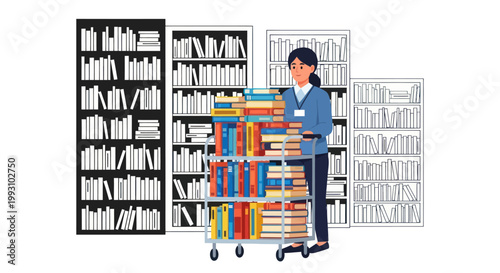 Librarian pushing a cart full of books in front of shelves