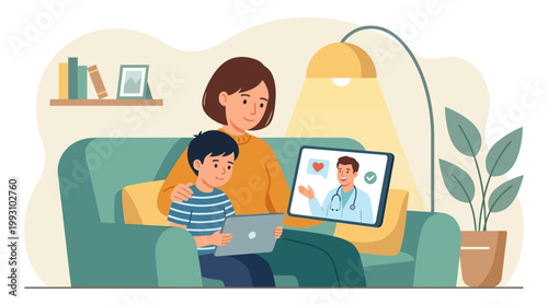 This flat design illustration depicts a mother and child having a telehealth consultation with a friendly pediatrician for a minor ailment. It highlights the convenience and comfort of virtual family 