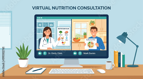 UntiA flat design illustration of a doctor and patient discussing a personalized nutrition plan via an online video call, promoting healthy eating for overall wellness. 
