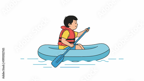 Boy paddling inflatable boat wearing life jacket on white background