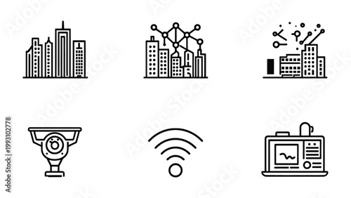 Smart City Icon Set: Showcasing a range of essential elements, from interconnected networks to real-time surveillance.