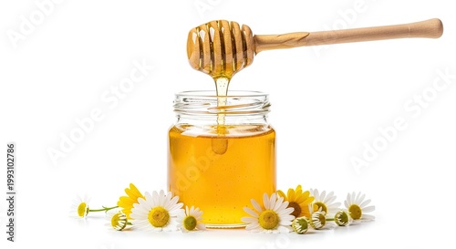 A jar of honey being drizzled over a plate of fresh daisies, with a wooden spoon and a honey dipper in the background.
