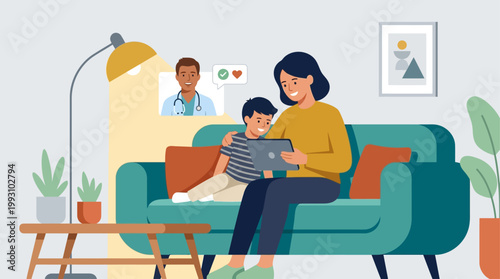 This flat design illustration depicts a mother and child having a telehealth consultation with a friendly pediatrician for a minor ailment. It highlights the convenience and comfort of virtual family 