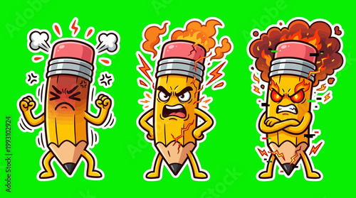 Cartoon Pencils Expressing Anger and Frustration on Green Background.