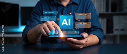 Exploring the future of artificial intelligence technology conference digital innovations showcase indoor setting close-up view concept of ai integration in modern society
