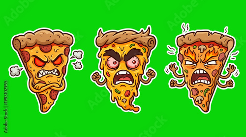 Cartoon Pizza Slices with Angry Expressions on Green Background.