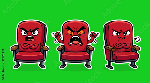 Cartoon Red Theater Chairs with Angry Facial Expressions on Green Background.