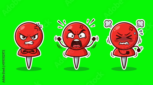 Cartoon Red Push Pins Displaying Various Angry Emotions on Green.