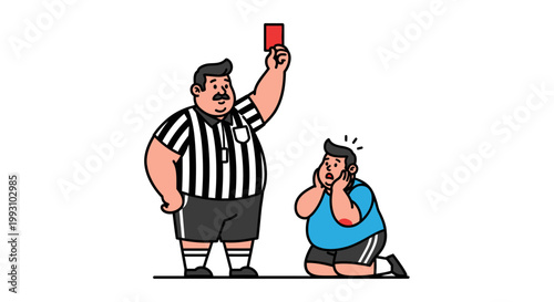 Cartoon Referee Shows Red Card to Shocked Player During Game.