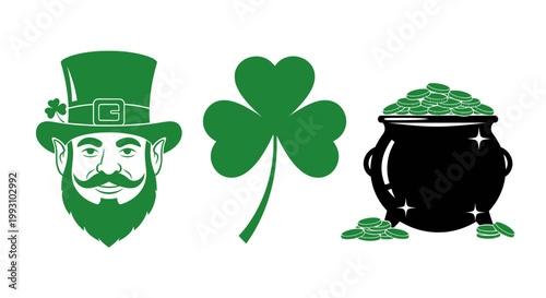 St. Patrick's Day symbols: leprechaun, shamrock and pot of gold