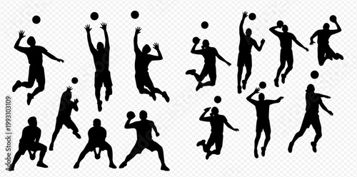 Foto Dynamic silhouettes of volleyball players in various action poses during a game