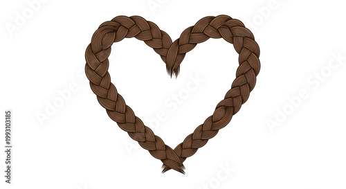 Braided brown hair in the shape of a heart isolated on white.