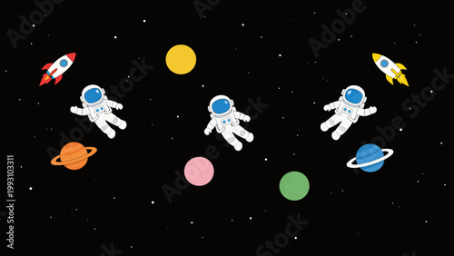 Cartoon astronauts in space with planets and rockets