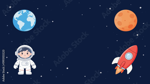 Cartoon astronaut in space with planet and rocket