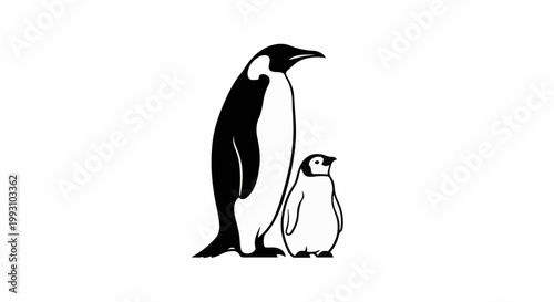 A black and white illustration of an adult penguin standing next to a smaller baby penguin