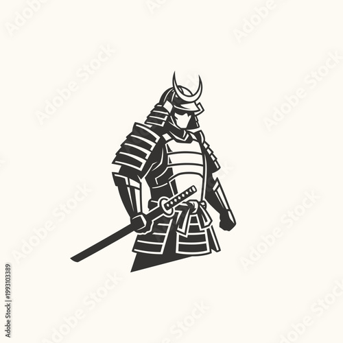 Samurai Warrior In Traditional Armor Holding Katana Sword
