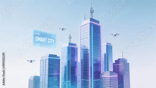 Futuristic smart city with drones