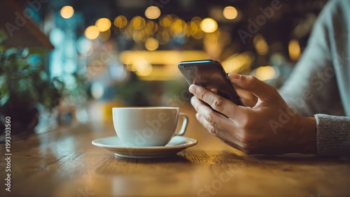 Person Using Smartphone Next to Coffee Cup in Cozy Cafe Ambiance.
