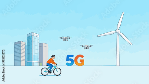 Man cycling with 5G and wind turbine