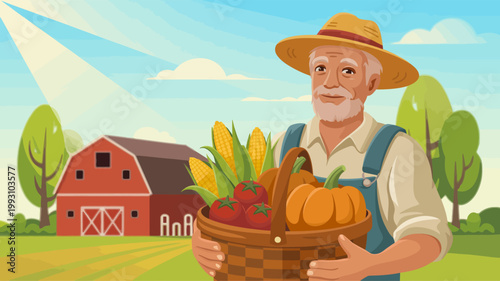 Smiling elderly farmer holding a basket full of fresh harvested vegetables and corn near a red barn