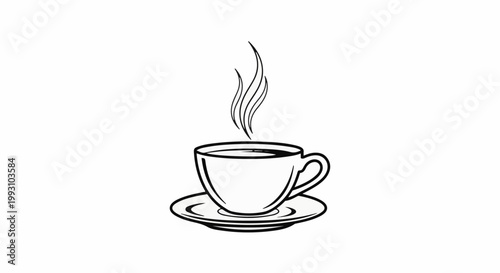 A hot cup of coffee with steam rising from it, on a saucer