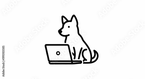 A line art illustration of a dog sitting and looking at a laptop