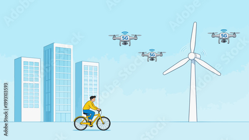 Man riding bike near buildings drones and wind turbine