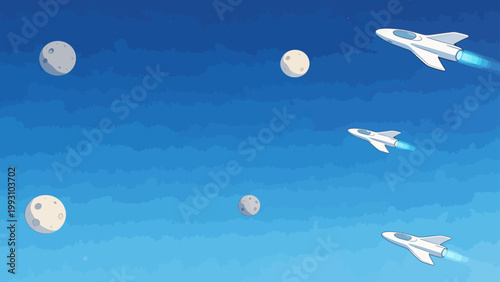 Space rockets and moons in blue sky